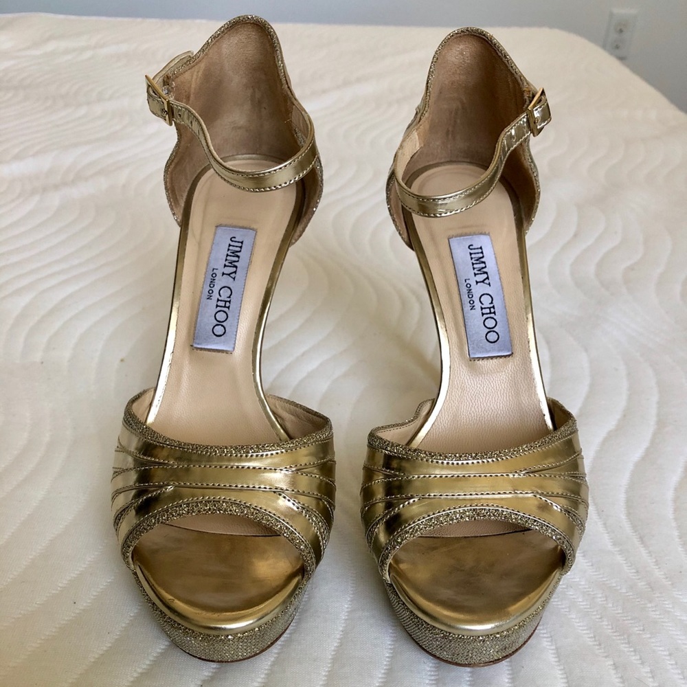 Jimmy Choo gold glitter peep toe platform